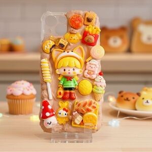 Cute Kawaii Character & Dessert Decoden Phone Case - Yellow & Pink Accents